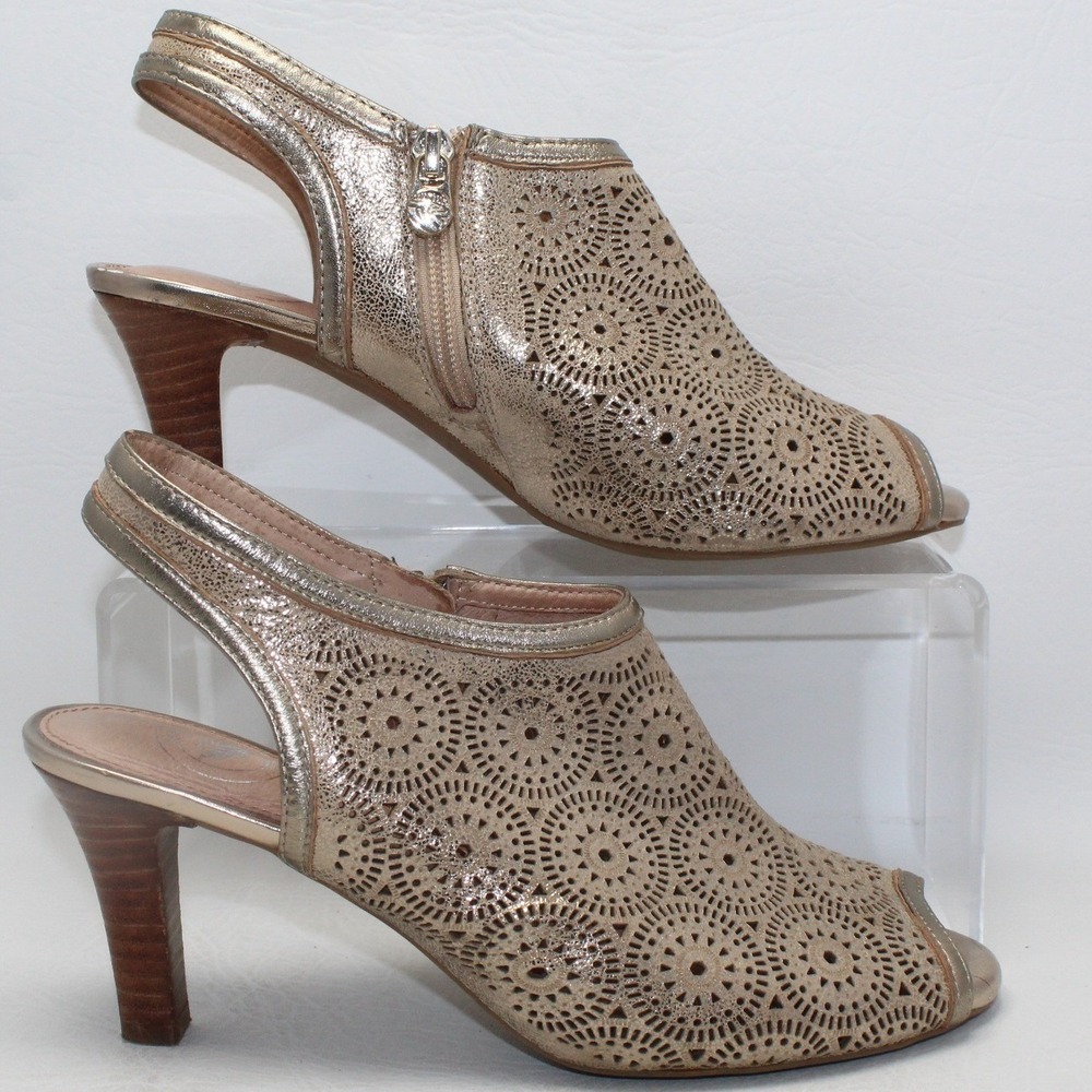 Nurture Womens Gold Metallic‎ Laser Cut Leather Peep Toe Slingback Heels 7.5M
